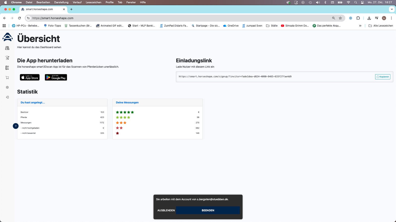 The horseshape web platform dashboard, showing horse and owner records and measurement statistics