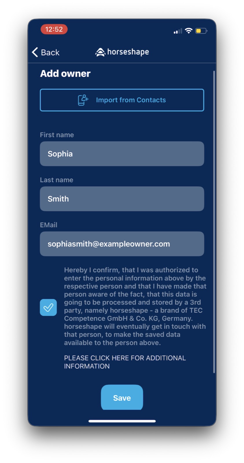 A horse owner record form in the horseshape app