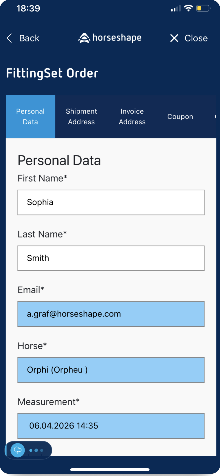 The FittingSet order form in the horseshape app