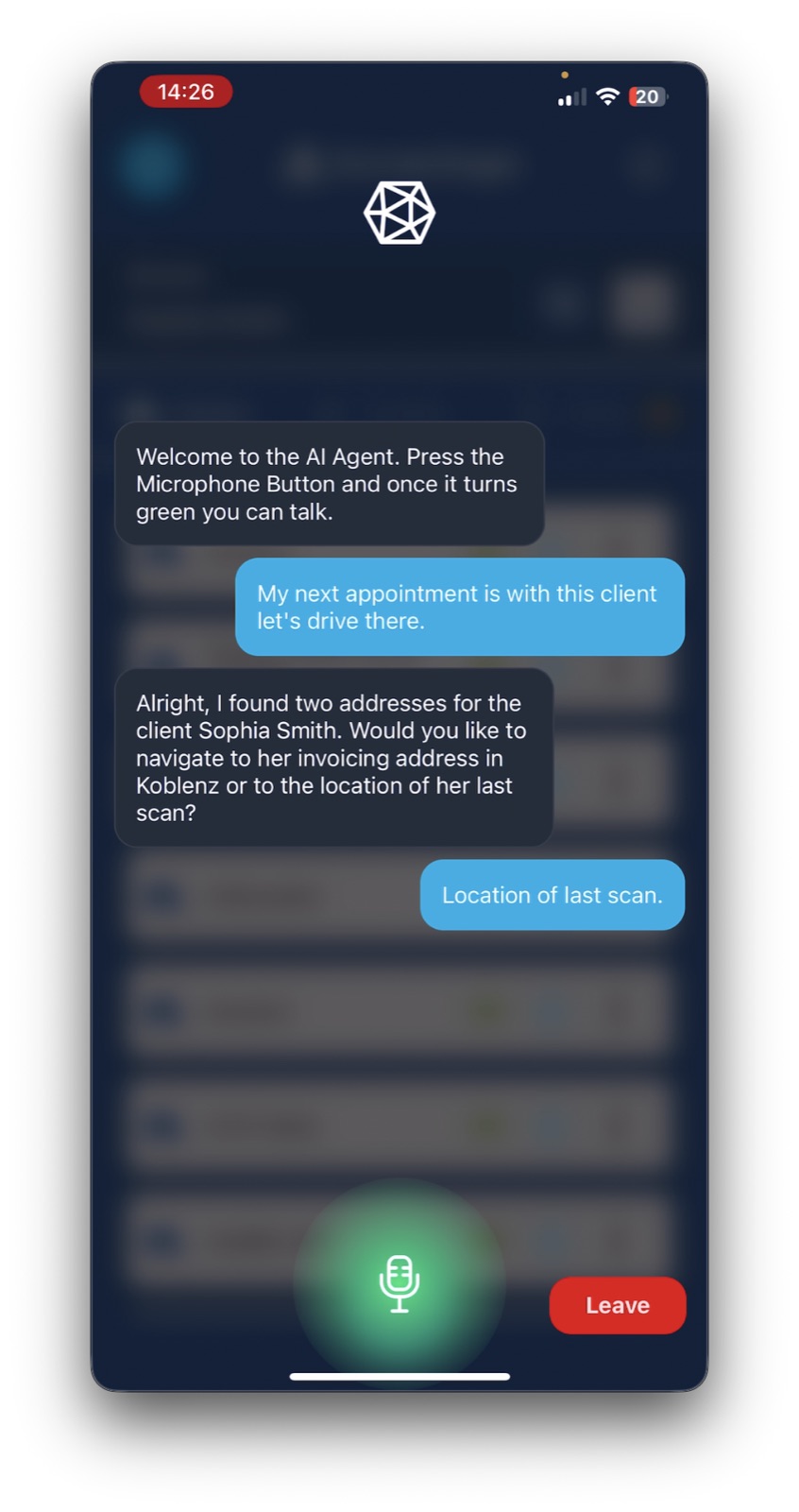 Orphelia's voice assistant navigating to a client appointment